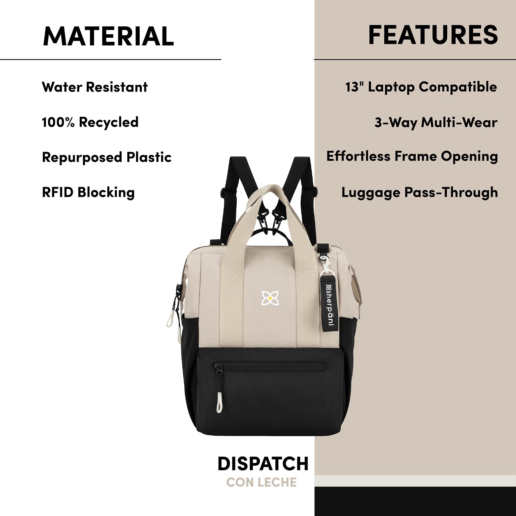 Sherpani Dispatch Convertible Backpack Tote for Women - Travel Laptop Backpack & Crossbody Bag, Fits 14 Inch Laptop (Con Leche) - Perfect for Work, Commute & Weekend Getaways