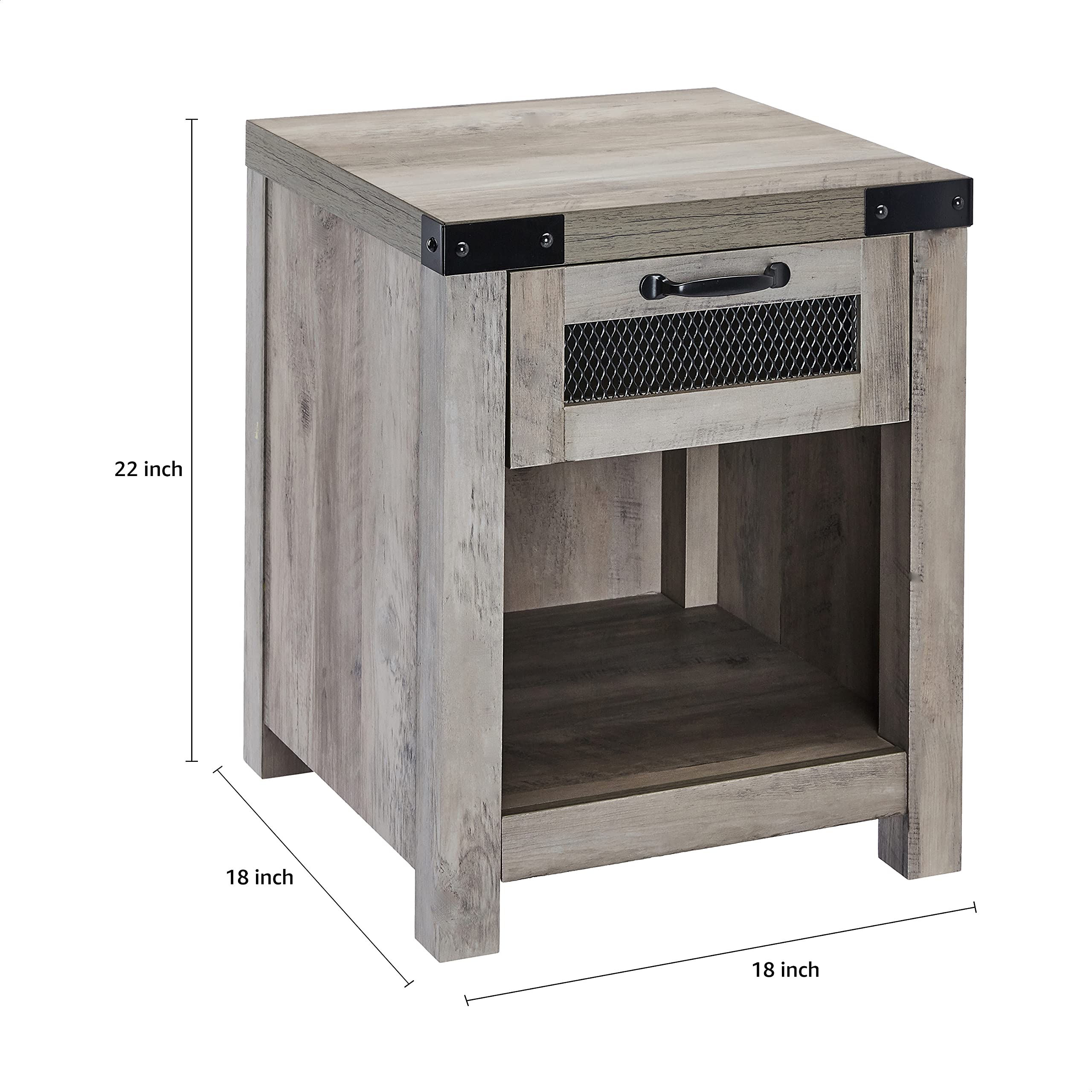 Industrial Style End Table with Drawer - Grey Wash Finish for Living Room, Bedroom, or Office Decor