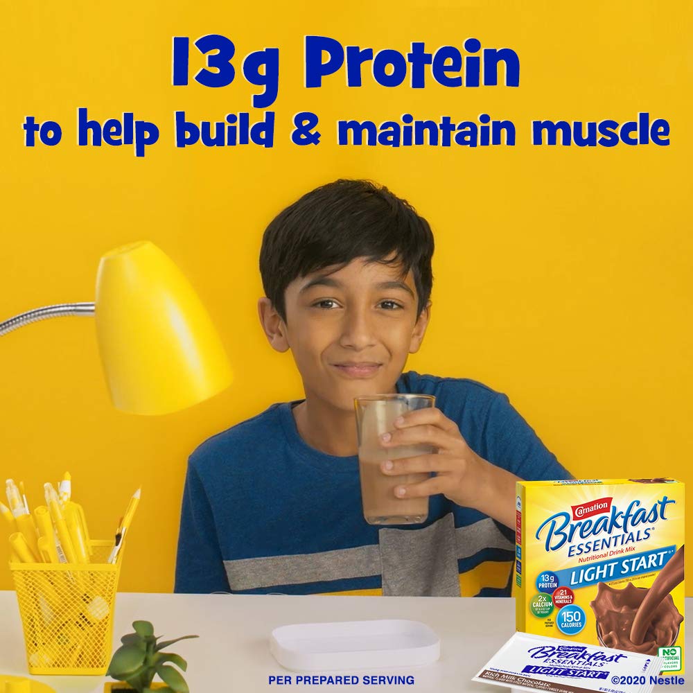 Carnation Breakfast Essentials Light Start Powder Drink Mix - Rich Milk Chocolate Flavor, 8 Single-Serve Packets | Quick & Nutritious Breakfast Solution for Busy Mornings, Workouts & On-the-Go Lifestyles