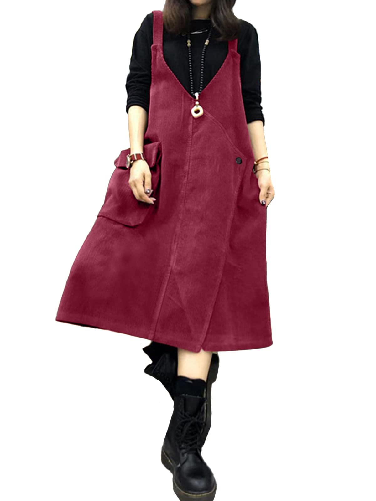 ZANZEA Women's Loose Fit Plus Size Corduroy Midi Dress with Button Details & Adjustable Straps - Casual Pinafore Suspender Dress for Work, Date Night & Fall Outfits