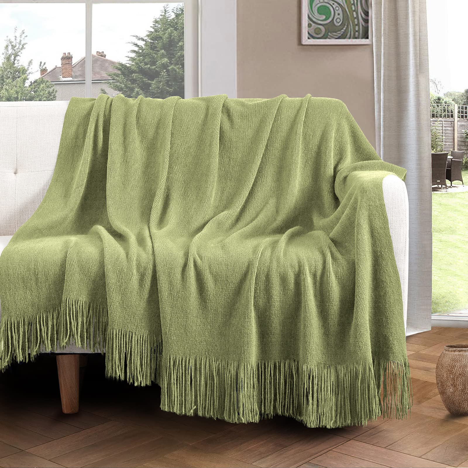 Vonty Olive Green Knitted Blanket with Tassels Fringe 50