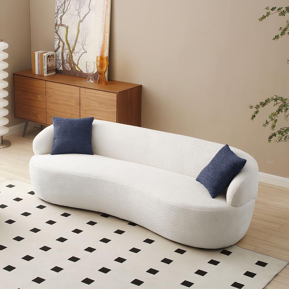 WILLIAMSPACE Modern Curved Boucle Fabric Sofa - 3-Seat Upholstered Couch with 2 Throw Pillows, Beige | Comfortable Living Room, Office & Apartment Furniture for Relaxing & Entertaining