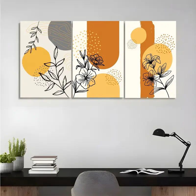 3-Piece Abstract Botanical Line Art Metal Prints with Geometric Shapes - Ready to Hang Wall Decor for Living Room, Bedroom & Office