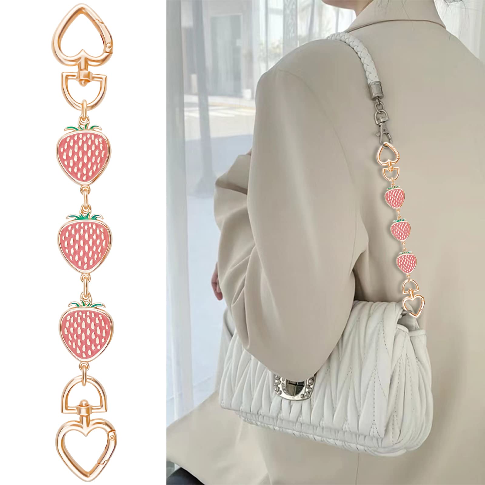 2 Pcs Gold Strawberry Purse Strap Extender - Cute Bag Chain Replacement with Heart Buckle (8.27 Inch) - Handbag Shoulder Bag Accessories & Charms for Women - Perfect for Daily Use, Shopping & Fashion Outfits