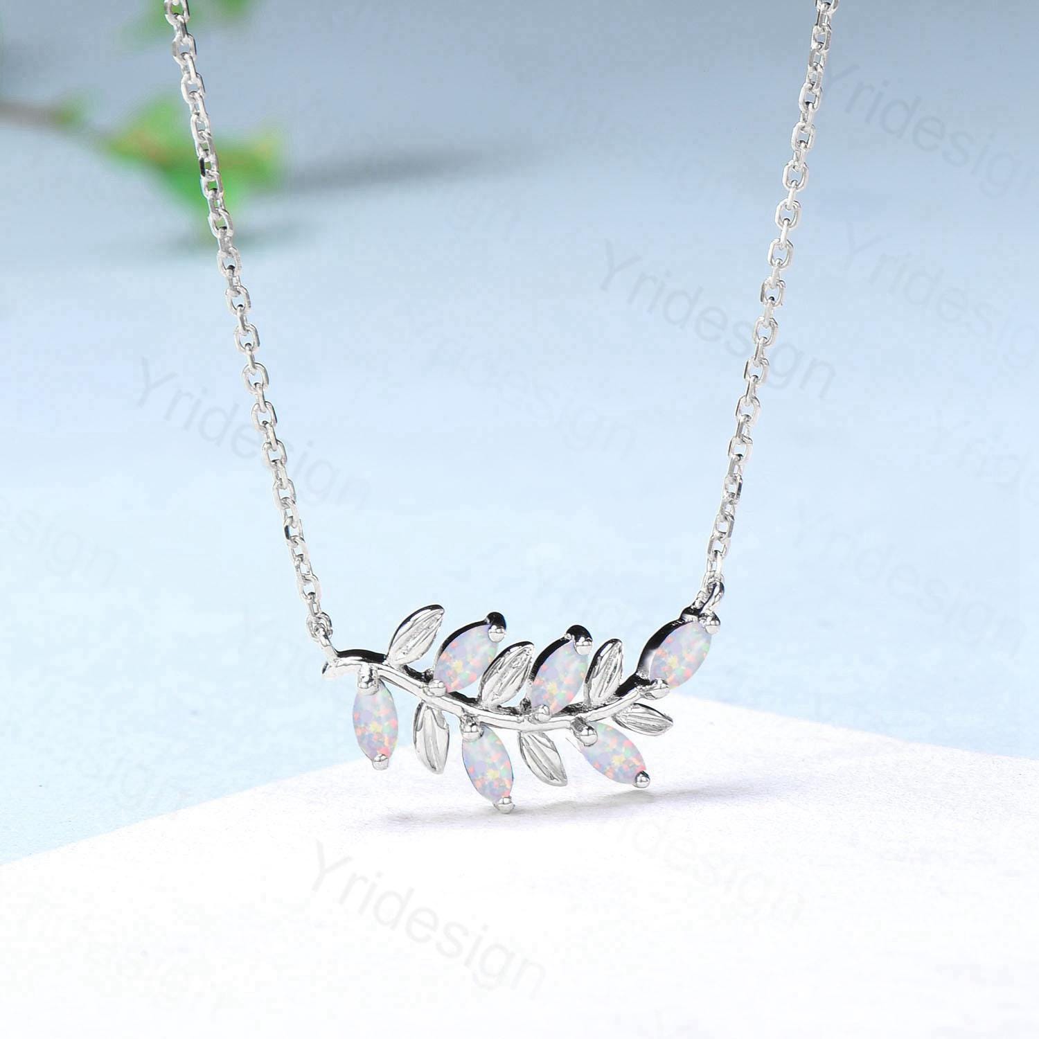 Art Deco White Opal Necklace - Unique Marquise Fire Opal Leaves Pendant with Branch Guard, Natural Inspired Jewelry for Women | Perfect Anniversary Gift for Her, Wedding, Date Night & Special Occasions