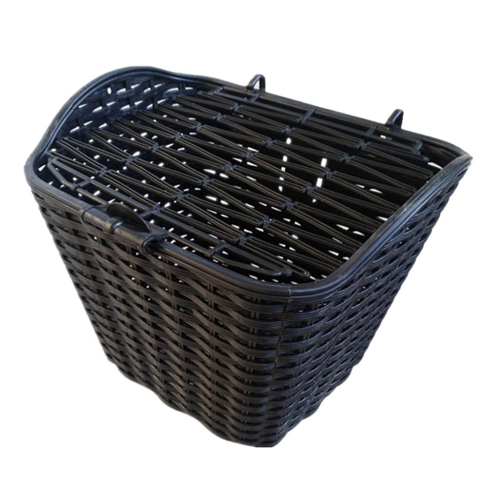 BESPORTBLE Black Plastic Bike Basket - Front Handlebar Basket with Rattan Wicker Design & Cover - Outdoor Cycling Storage Accessory for Commuting, Shopping & Picnics