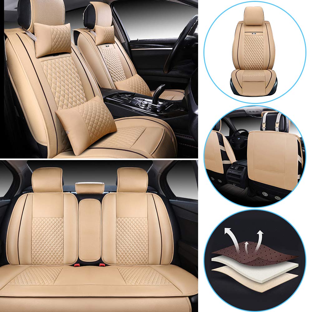 Premium Custom Fit All-Weather Seat Covers for Chevrolet Spark/Sonic/Cruze/Malibu - 5-Seat Full Set, Waterproof & Ultra Comfortable Luxury Plaid Beige Car Seat Protectors - Perfect for Road Trips, Daily Commutes & Outdoor Adventures