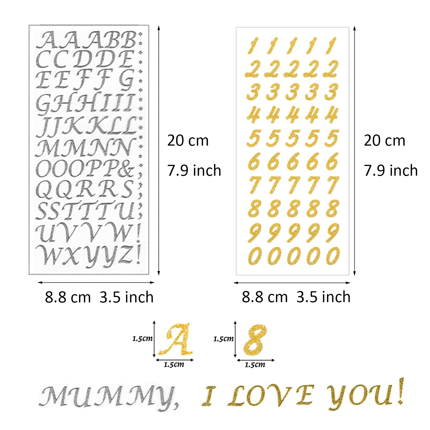 Gold & Silver Glitter Alphabet Number Stickers - 8 Sheets Self-Adhesive Letter Stickers for Scrapbooking, Graduation, DIY Crafts - Perfect for Cards, Journals, Party Decorations