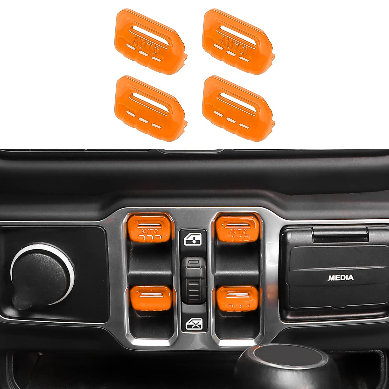 Jeep Wrangler JL JLU (2018-2023) & Gladiator JT (2020-2023) 4-Piece Center Console Window Button Switch Cover Trim Kit - Orange Interior Accessories for Enhanced Style & Protection | Perfect for Off-Roading & Daily Driving
