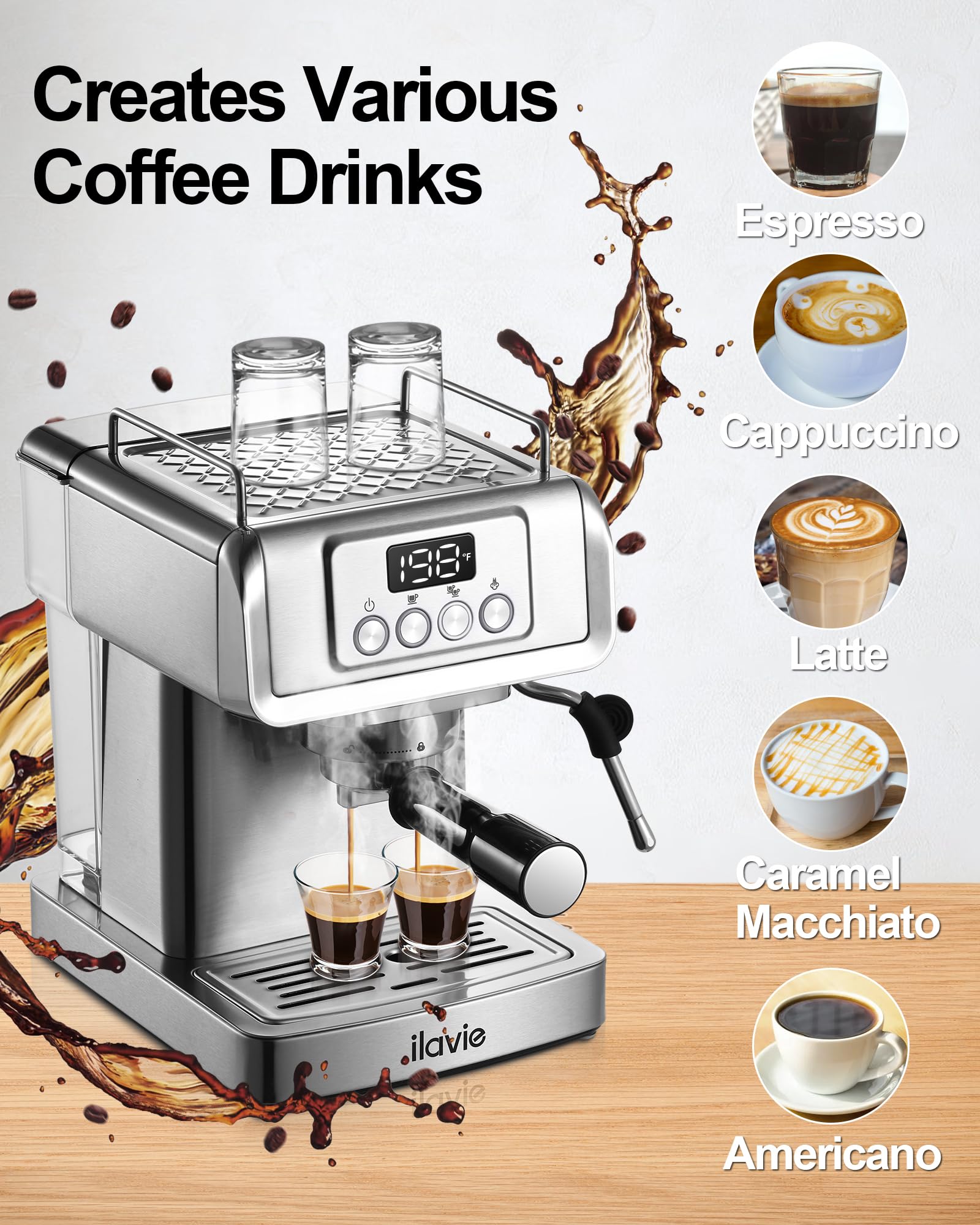 20 Bar Professional Espresso Machine with Steam Milk Frother - Stainless Steel Coffee Maker with 61oz Removable Water Tank - Perfect for Home, Office, Gifts for Dad & Mom - Enjoy Café-Quality Lattes & Cappuccinos Every Morning