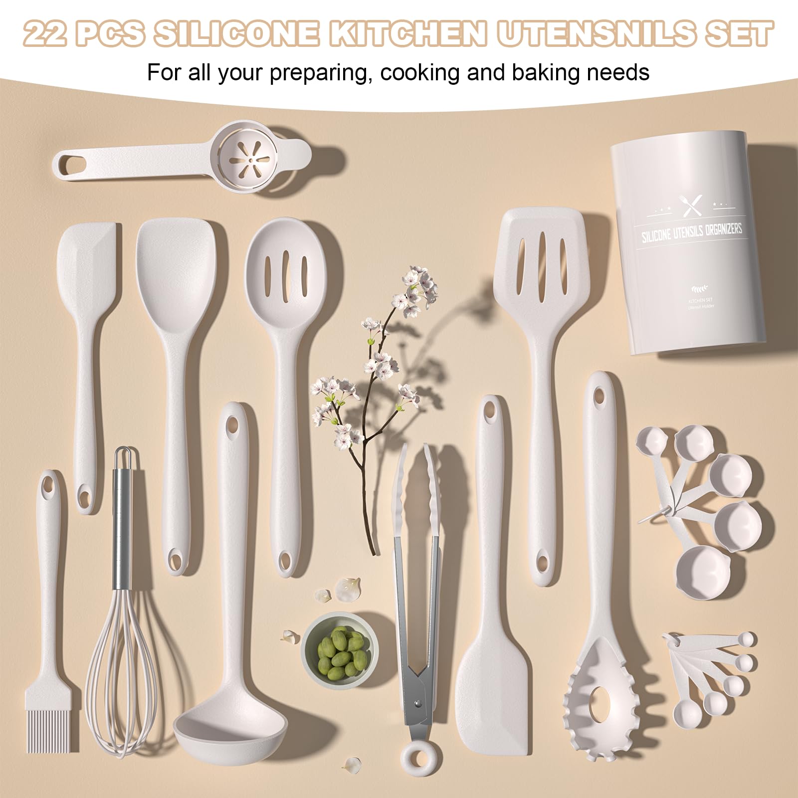 Umite Chef 22-Piece Silicone Kitchen Utensil Set - Heat Resistant Cooking Tools with Holder for Nonstick Cookware - Dishwasher Safe Spatulas, Spoons & Gadgets - Perfect for Baking, Grilling & Everyday Cooking (White)