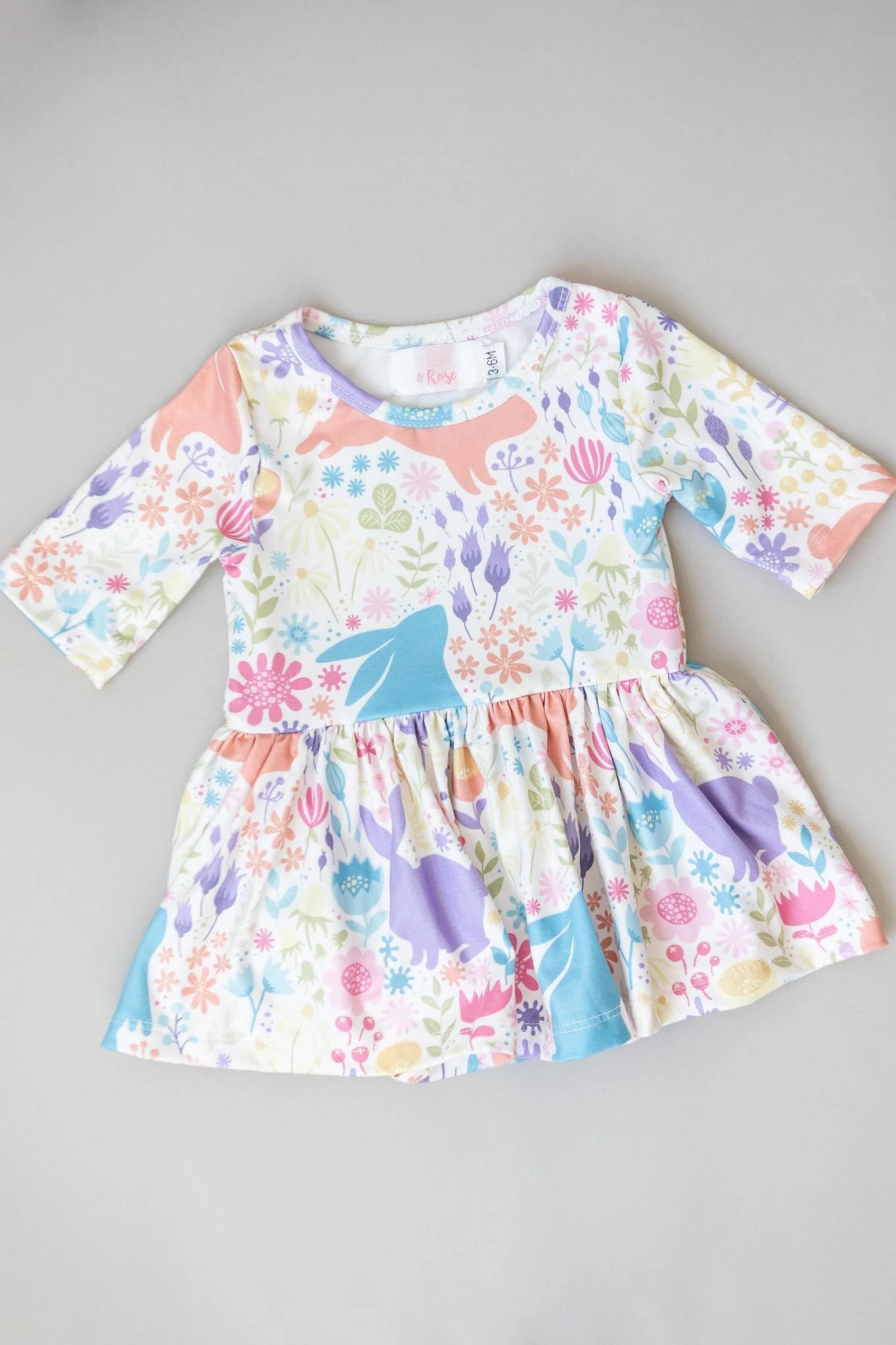 Pastel Floral Bunny Print Twirl Skirted Bodysuit for Baby Girls - Soft Cotton Romper for Easter, Photoshoots & Playtime