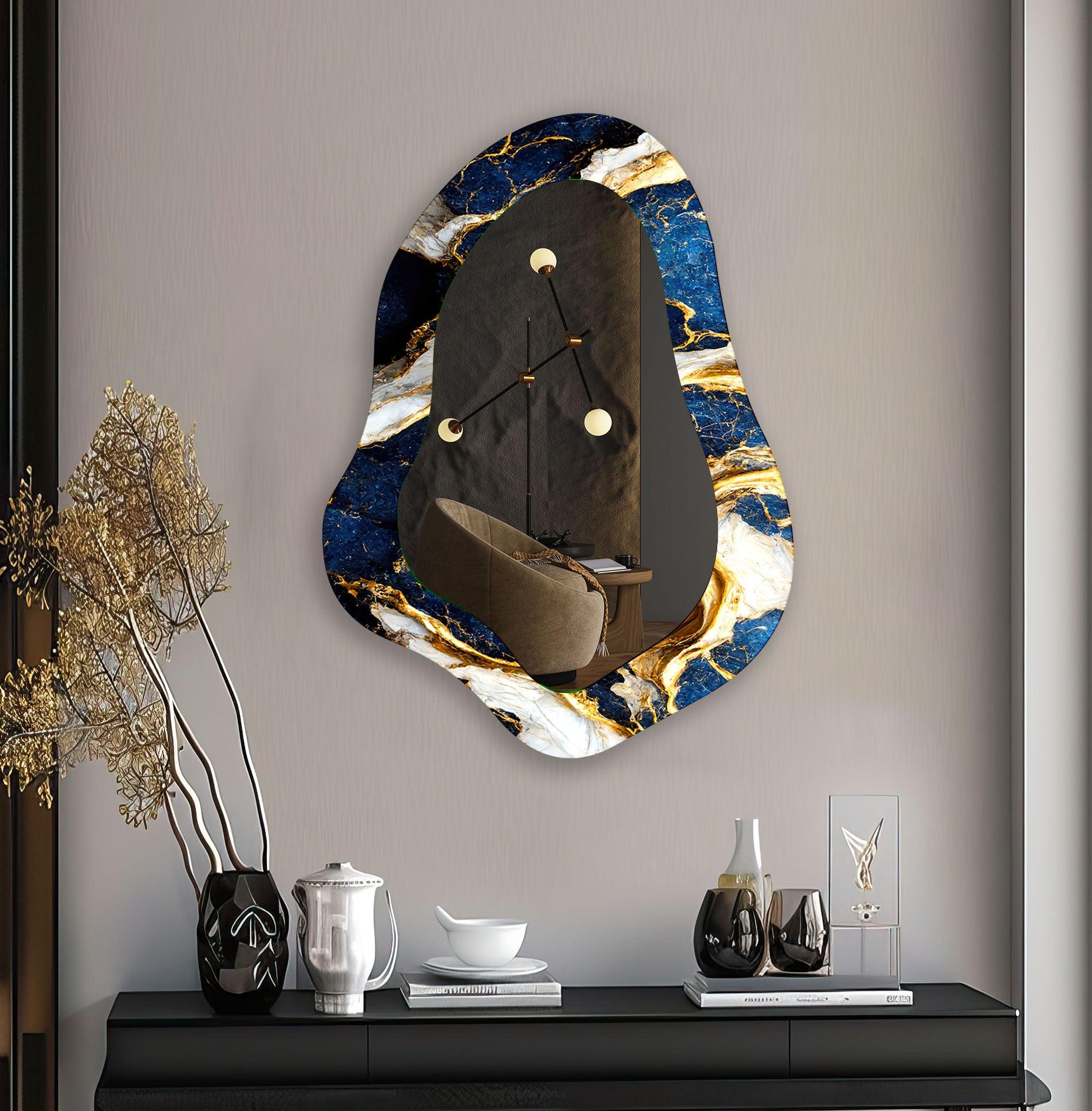 Blue & Gold Marble Bathroom Wall Mirror - Elegant Vanity Mirror for Makeup & Shaving - Perfect for Modern Bathroom Decor & Bedroom Vanity