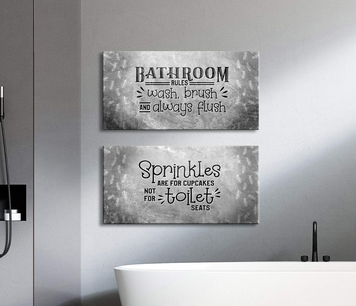 Set of 2 Funny Vintage Bathroom Rules Signs - Modern Framed Canvas Wall Art Decor (20x10 Inches, Grey) - Perfect for Powder Room, Guest Bathroom & Farmhouse Style Homes