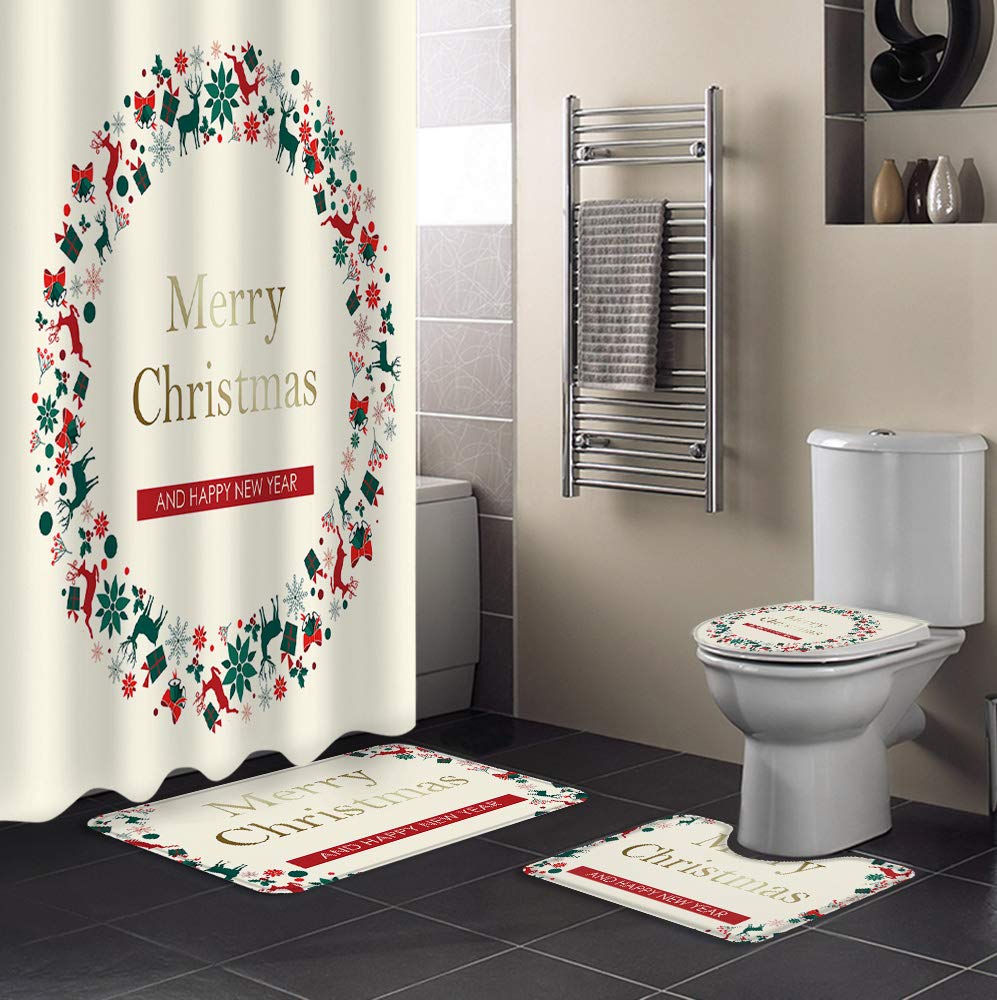 4PCS Non-Slip Bath Mat Set - Christmas Reindeer Decor for Bathroom