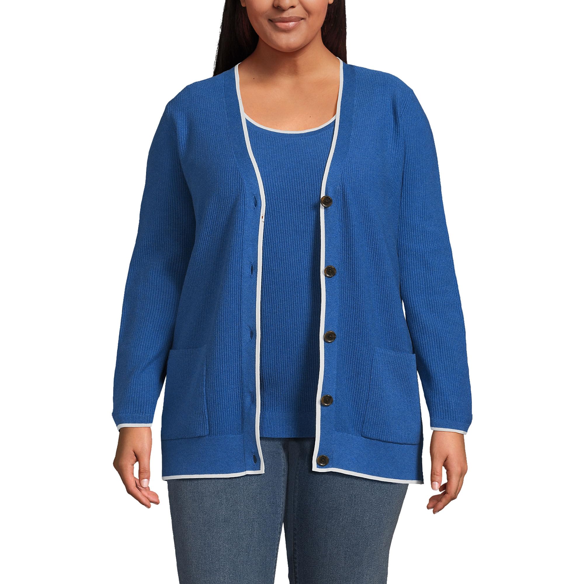 Lands' End Women's Fine Gauge Cotton Cardigan and Tank Sweater Set - Soft Knit Layering Outfit for Work, Casual & Fall Wardrobe