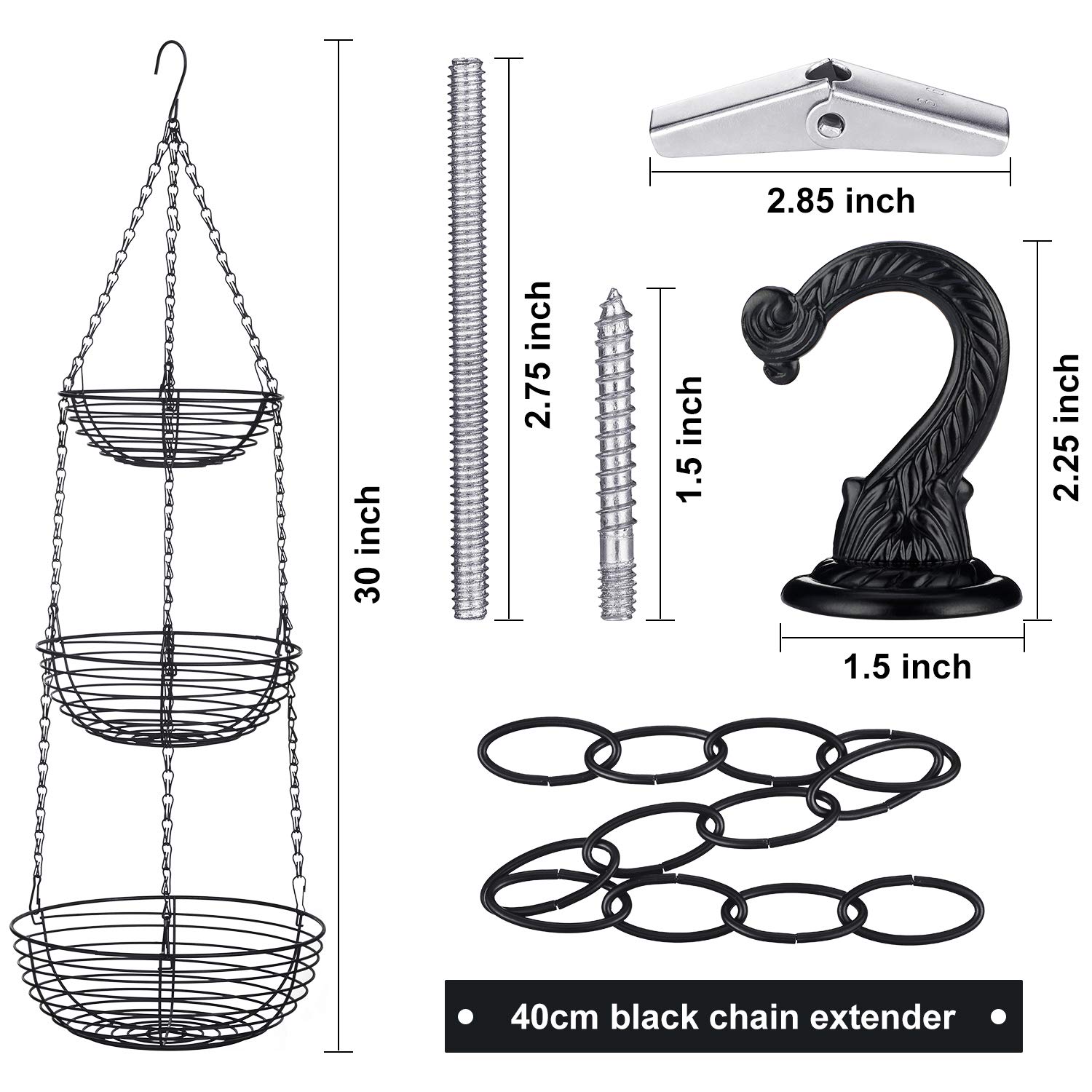 3-Tier Hanging Fruit Basket Organizer - 16 Inch Adjustable Wire Storage Basket with Ceiling Hook for Fruits, Vegetables, Snacks & Household Items - Space Saving Kitchen Storage Solution for Pantry, Balcony or Small Apartments (Black)