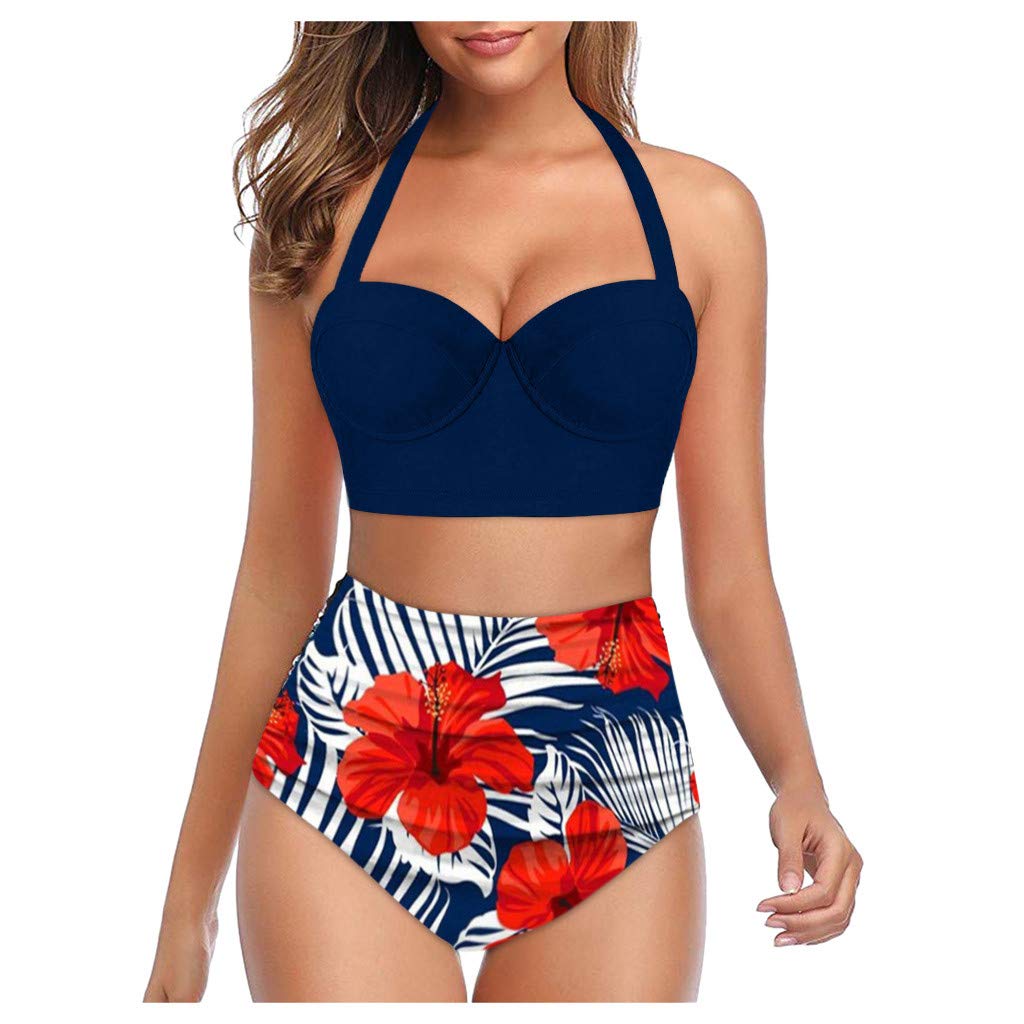 Vintage High Waisted Two Piece Bikini Set for Women - Floral Sunflower Print Bathing Suit with Pleated Tube Top | Beach Vacation, Pool Party, Summer Swimwear
