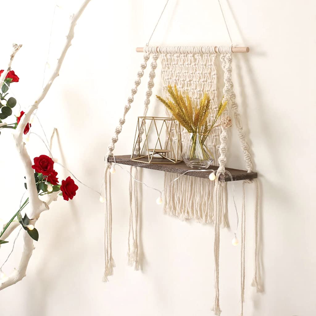 Handmade Macrame Wall Hanging Shelf - Bohemian Cotton Rope Plant Hanger with Dark Wood, Boho Home Decor for Bedroom & Living Room - Perfect for Indoor Plants, Books, and Decorative Storage