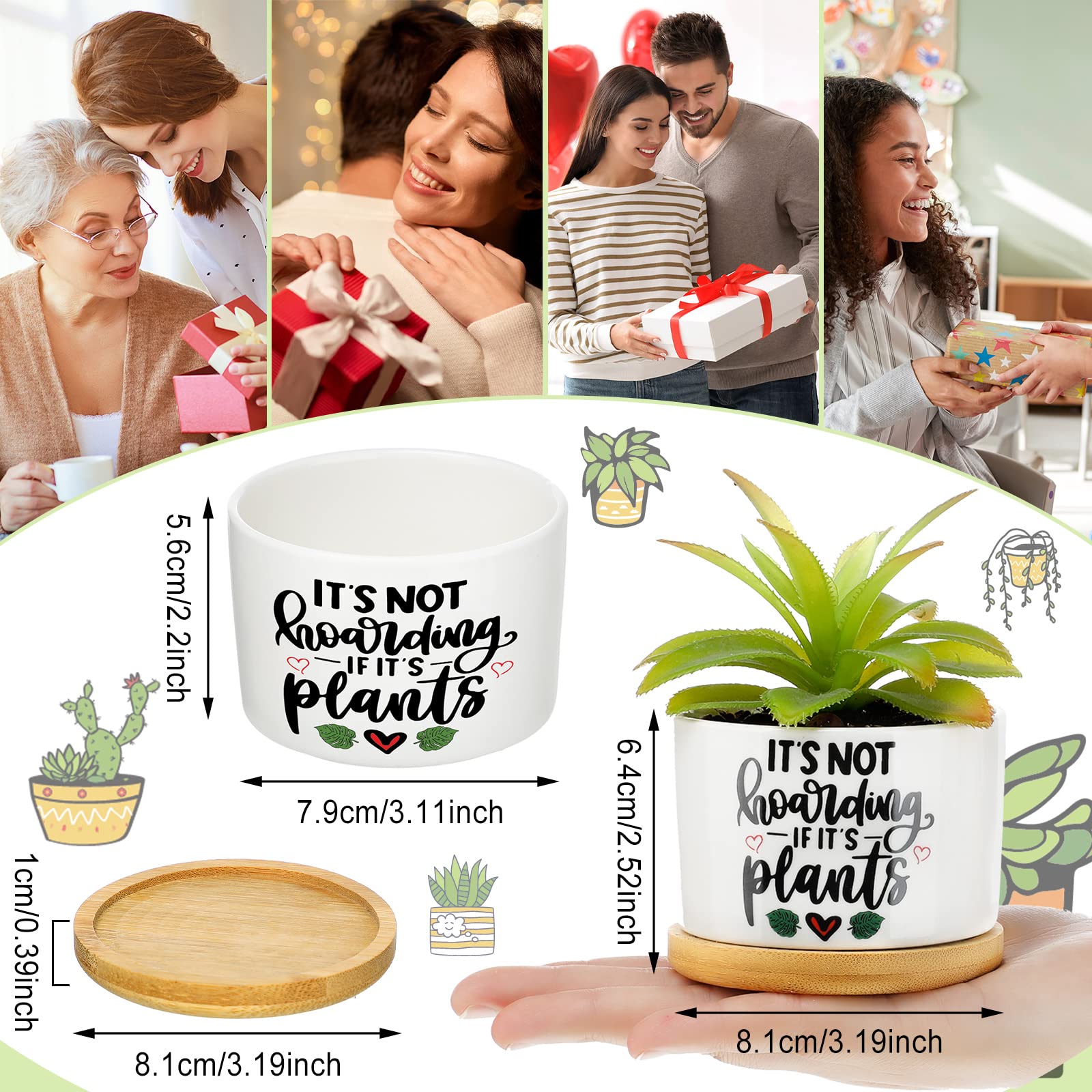 6-Piece Funny Succulent Plant Pots with Bamboo Tray - Cute Ceramic Planters for Succulents, Perfect Teacher Gifts for Graduation, Birthday & Office Decor (Cute Style) | Ideal for Home, Office Desk & Classroom Decorations