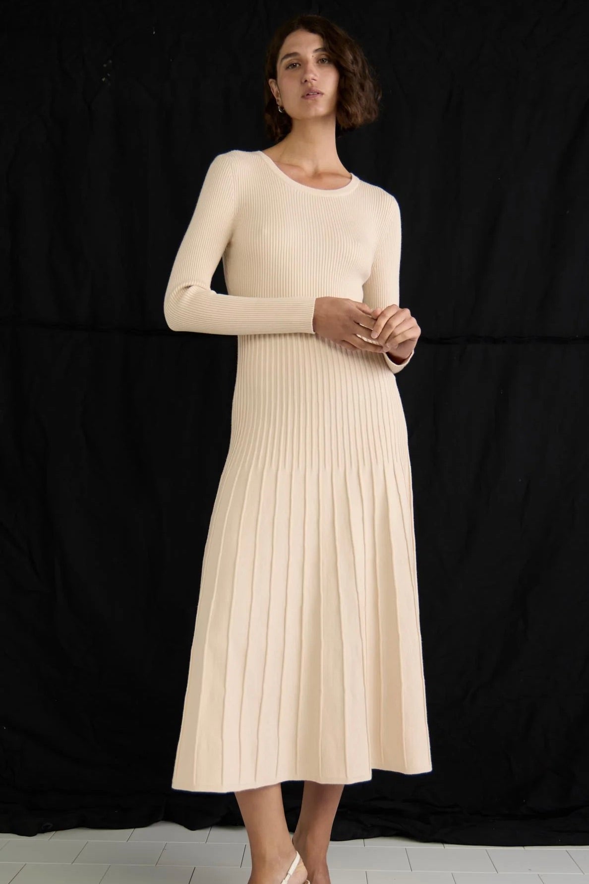 Elena Vanilla Rib Knit Long Sleeve Midi Dress - Elegant Fall & Winter Outfit for Women, Perfect for Office, Date Night and Holiday Parties