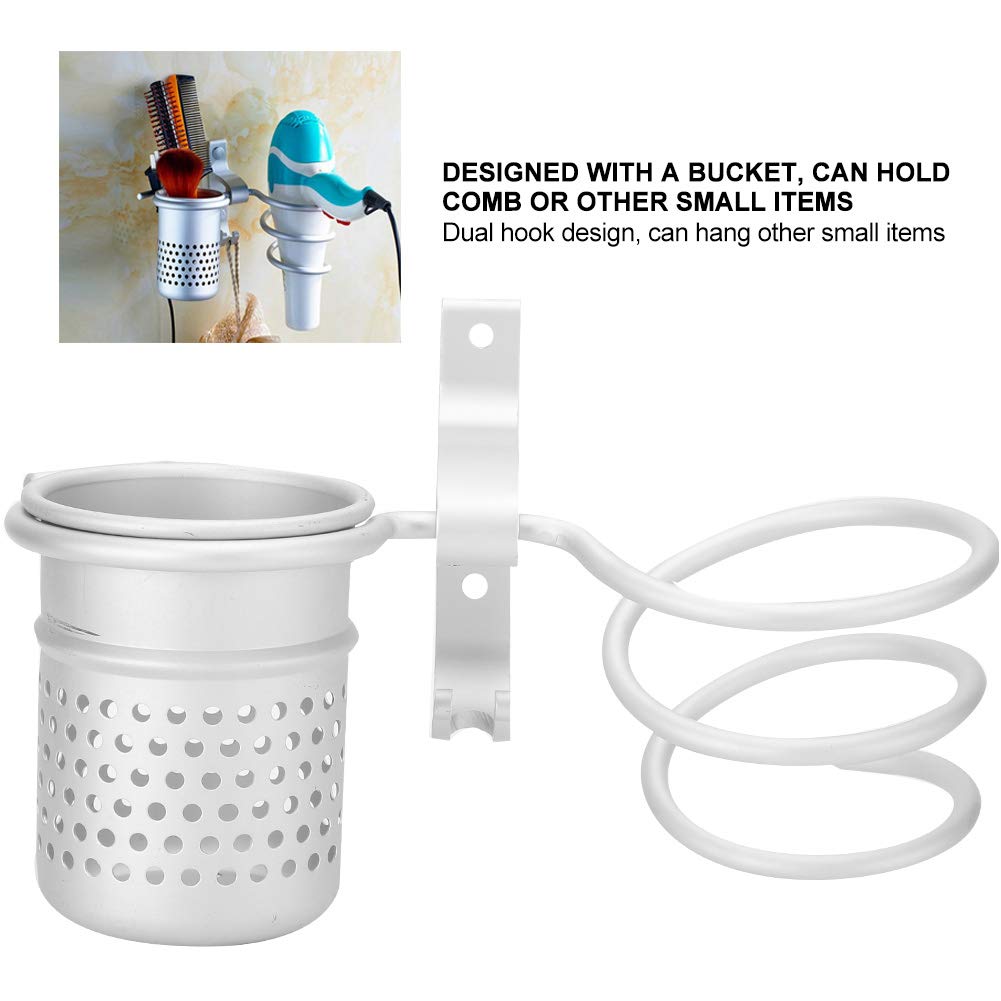 Keenso Wall Mount Hair Dryer Holder with Aluminum Storage - Organizer for Hair Dryer, Hair Straightener & Phone - Includes Fixing Screws (Silver) - Perfect for Bathroom, Salon & Home Organization