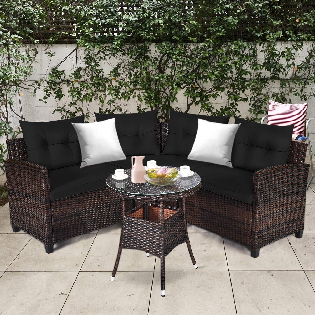 Tangkula 4-Piece Outdoor Patio Furniture Set - Modern C-Shape Wicker Sectional Sofa with Cushions & Glass Coffee Table, Rattan Conversation Set for Garden, Poolside, Balcony, Deck (Black) - Perfect for Relaxing, Entertaining & Outdoor Lounging