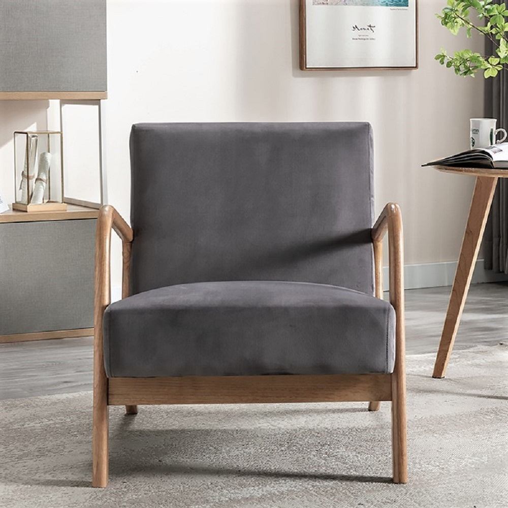 Mid Century Modern Accent Chair - Espresso Finish Open Frame Armchair with Plush Velvet Cushion, Gray - Stylish Living Room & Bedroom Seating for Home Decor
