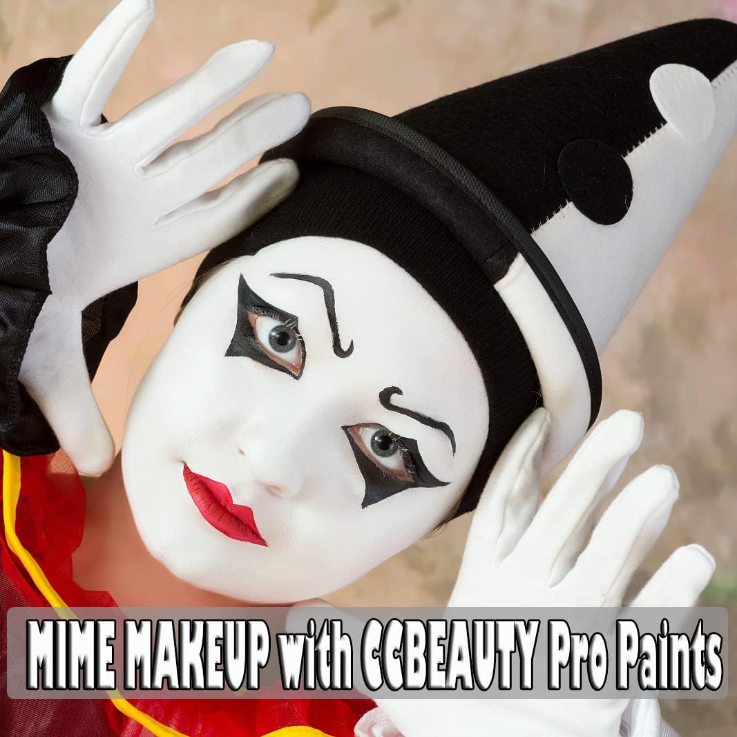 CCbeauty Professional Clown Makeup Kit - White, Black & Red Face Paint with 6 Wooden Brushes, Red Nose & Foundation Cream | Perfect for Joker Costume, Vampire Halloween & Cosplay Dress Up