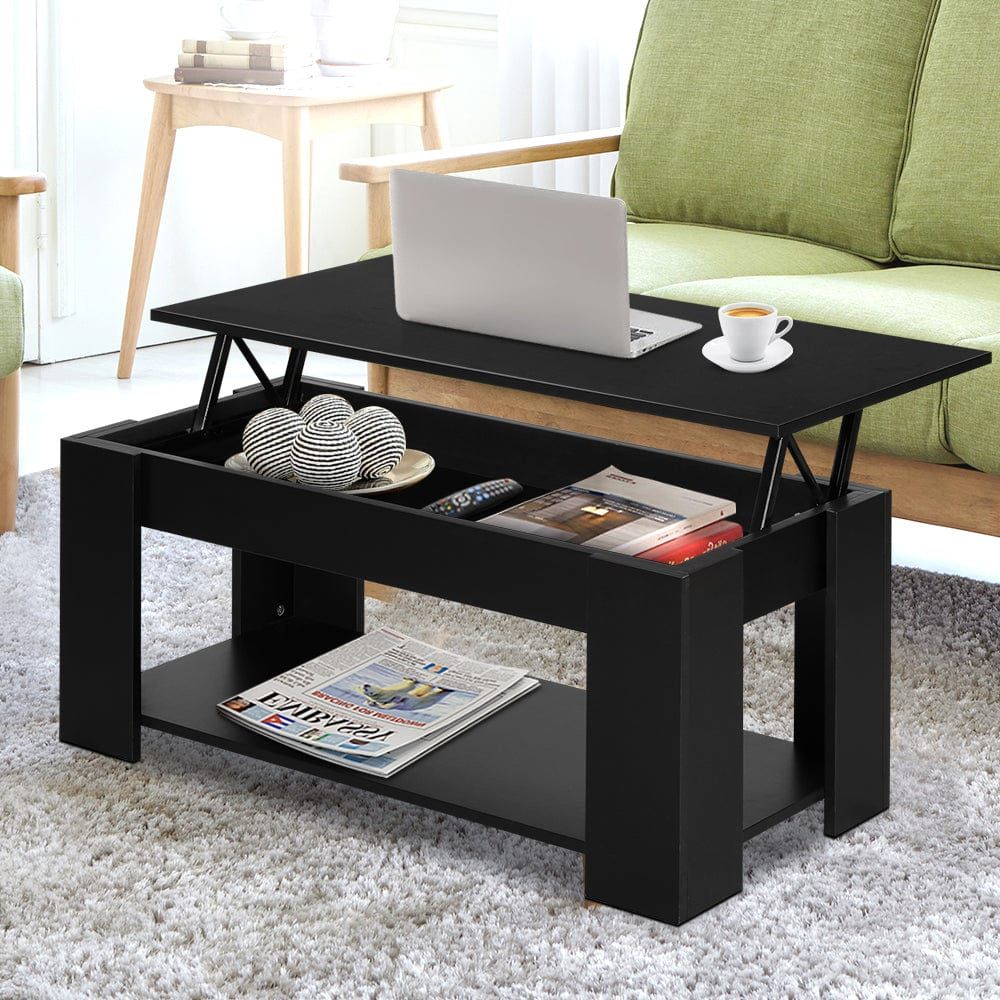 Lift-Up Top Coffee Table with Storage Shelf - Black | Modern Living Room Furniture for Small Spaces | Perfect for Storing Magazines, Remote Controls, and Home Decor