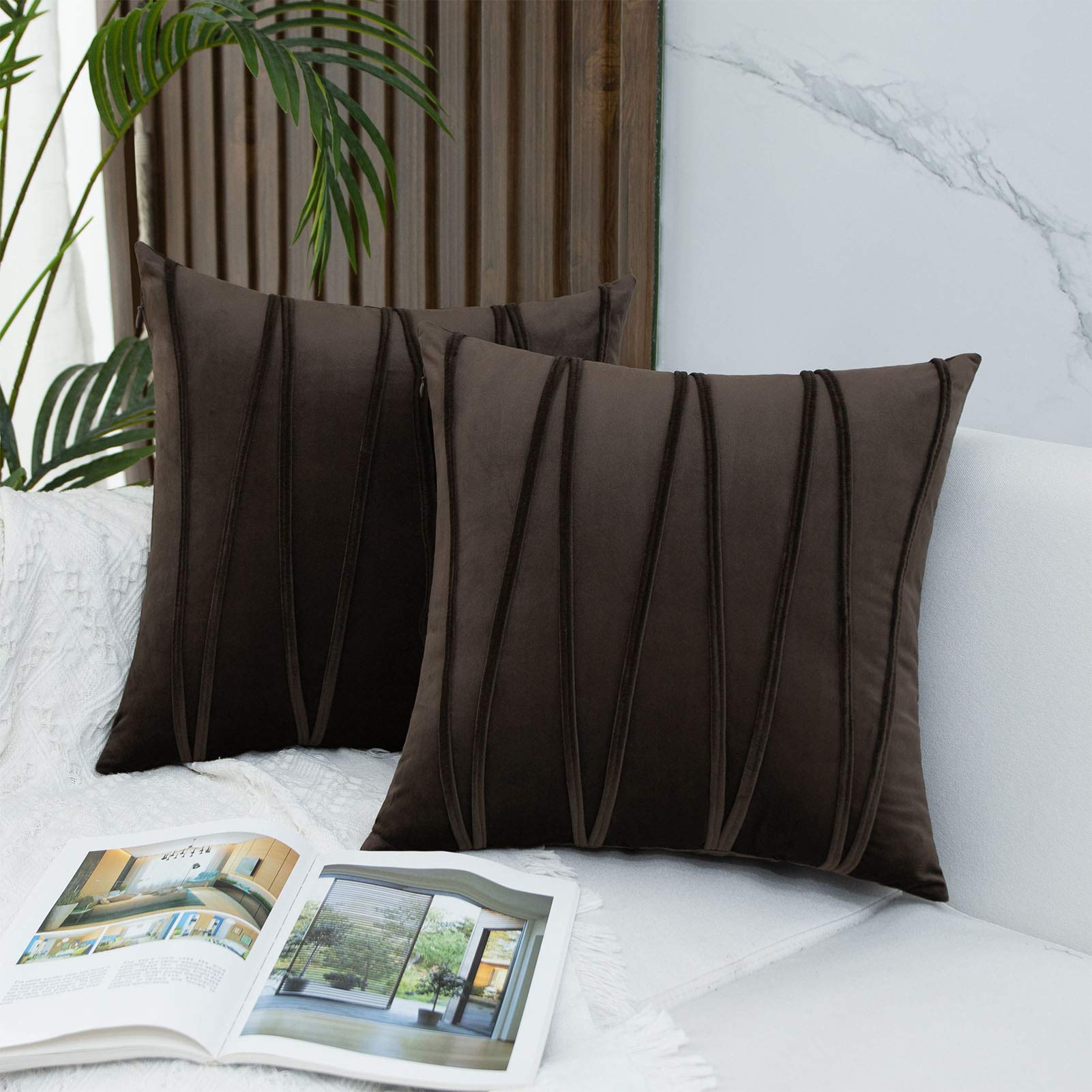 JUSPURBET Velvet Striped Throw Pillow Covers Set of 2 - 18x18 Inch Decorative Cushion Covers for Sofa, Couch & Bed in Coffee Brown - Perfect for Living Room, Bedroom & Home Decor