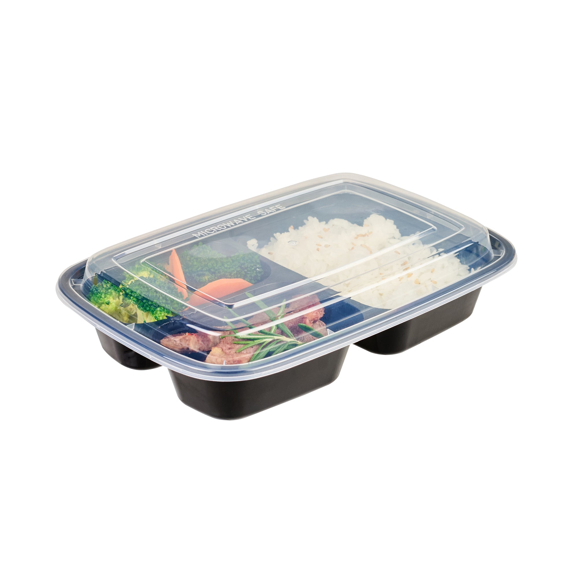 26 oz Black 3-Compartment Plastic Food Storage Containers with Clear Lids - Microwave Safe, 8.75