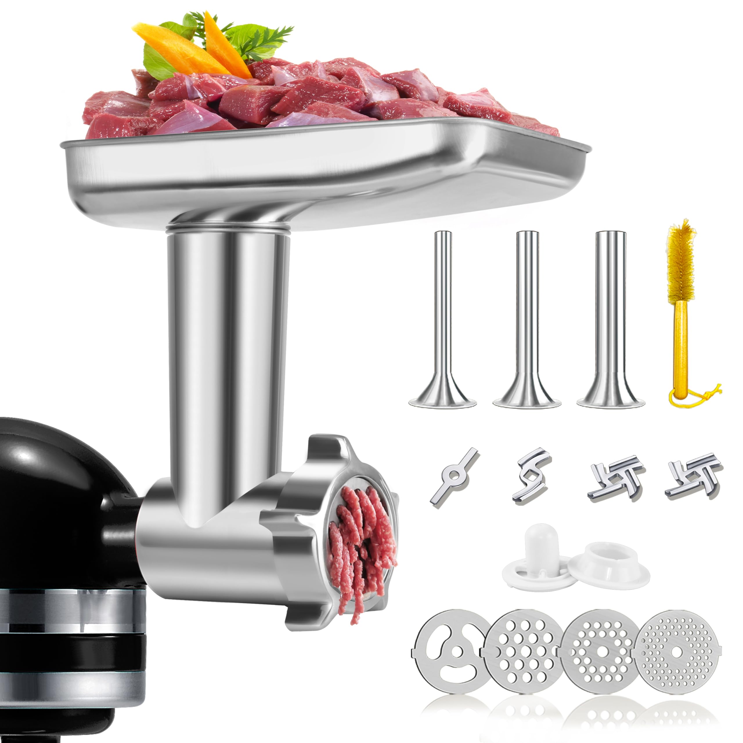 Premium Stainless Steel Meat Grinder Attachment for KitchenAid Mixers - Heavy Duty Sausage Stuffer & Food Grinder - Dishwasher Safe (Mixer Not Included) - Perfect for Homemade Burgers, Sausages & Pet Food Prep