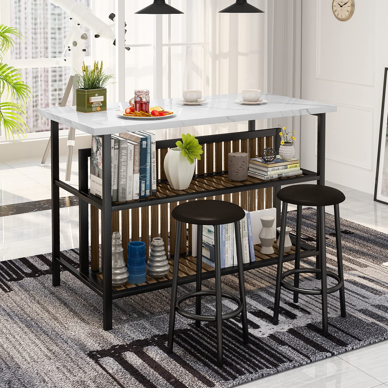 Modern White Kitchen Island with Seating for 2 - Faux Marble Countertop, Storage Shelf & Bar Table Set - Space-Saving Dining Solution for Small Kitchens, Breakfast Nooks & Apartment Living