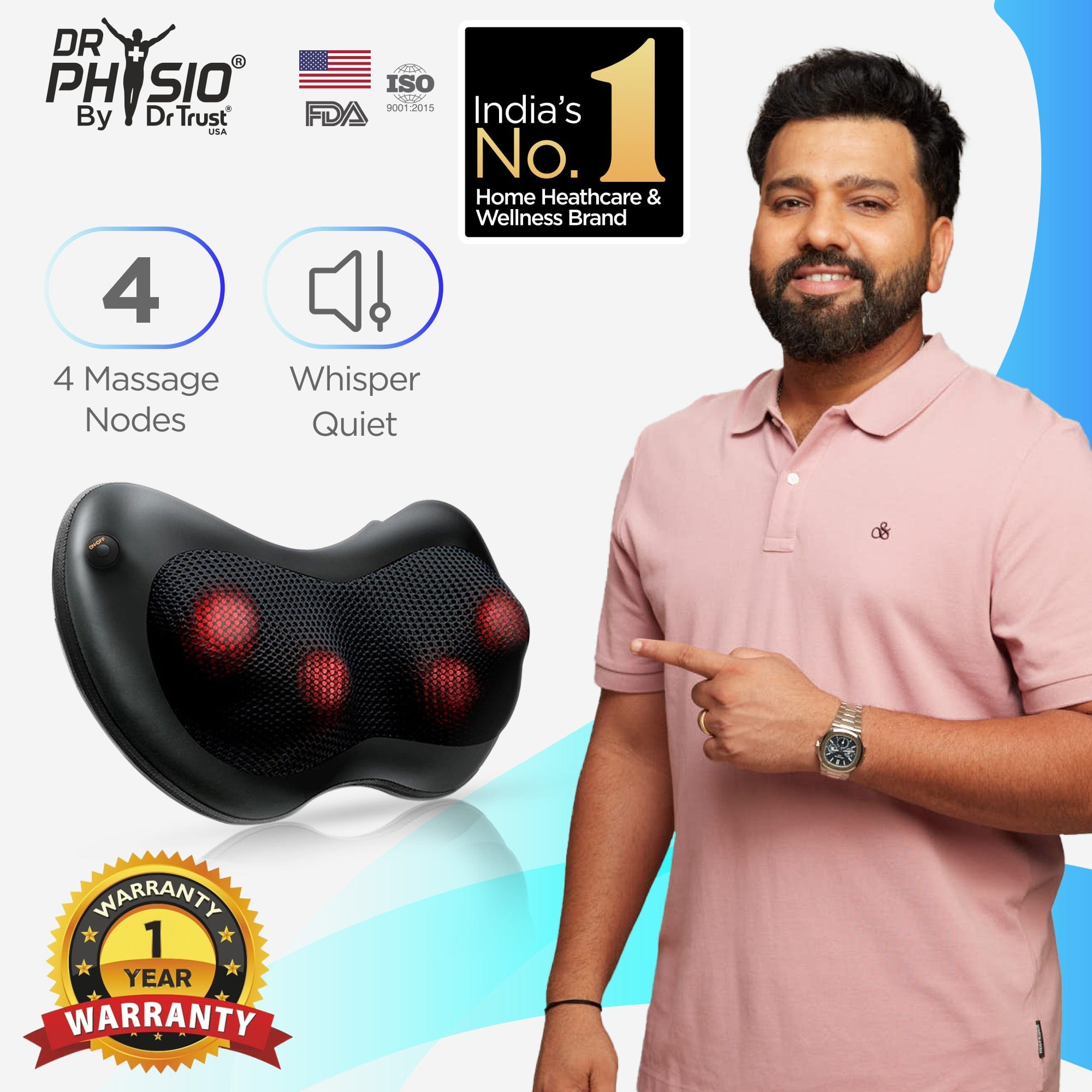 Dr Physio USA Shiatsu Massage Cushion with Heat - Full Body Neck and Back Massager Machine Model 1012 - Perfect for Home, Office and Car Relaxation