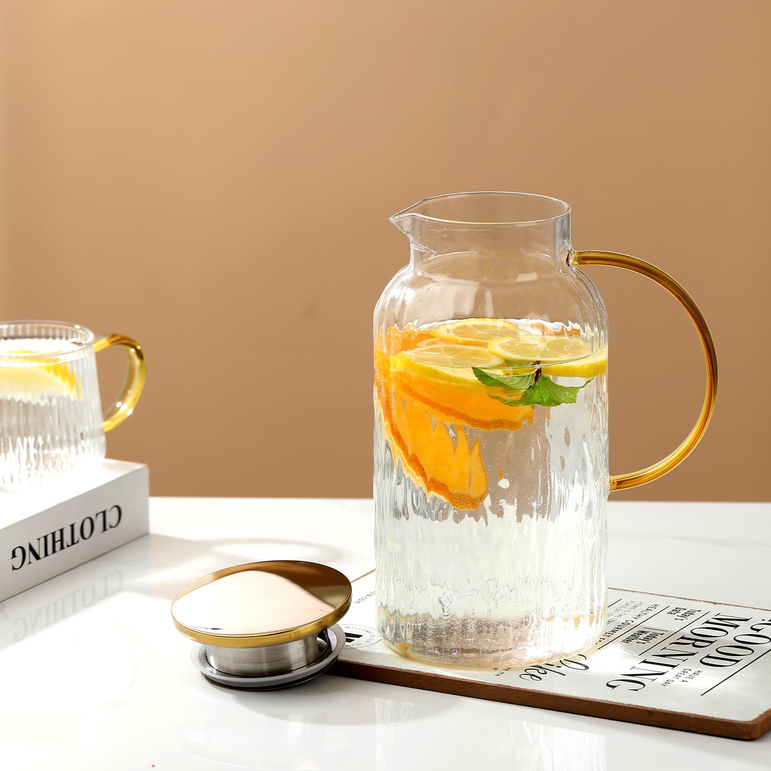 68 oz (2 Liter) Large Glass Pitcher with Lid - Heat Resistant Water Pitcher with Handle for Juice, Milk, Cold & Hot Drinks - Perfect for Kitchen, Dining, Parties & Mother's Day Gifts