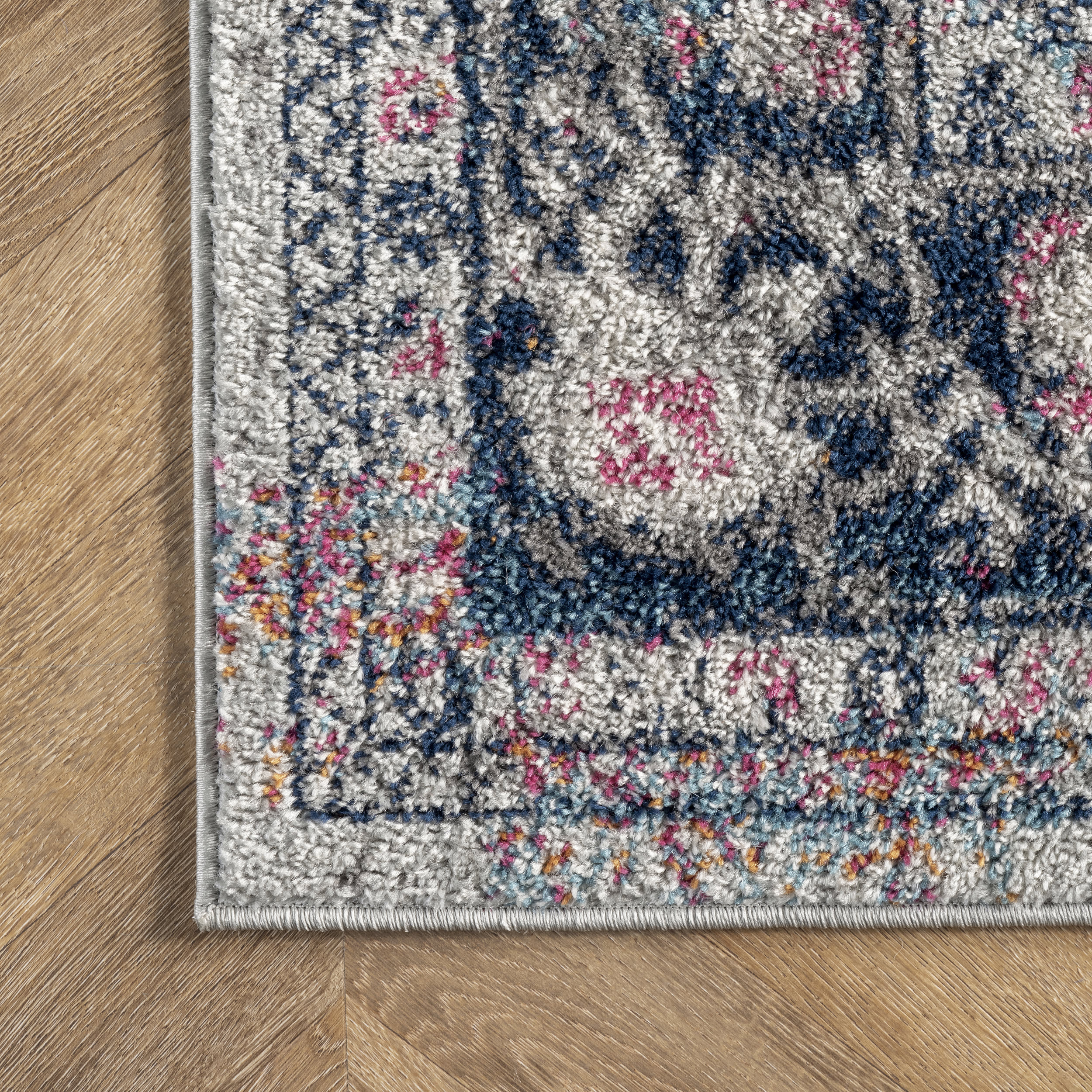 Faded Star Petal Emblem Rug - Blue Bohemian Area Rug for Living Room, Bedroom, or Nursery Decor