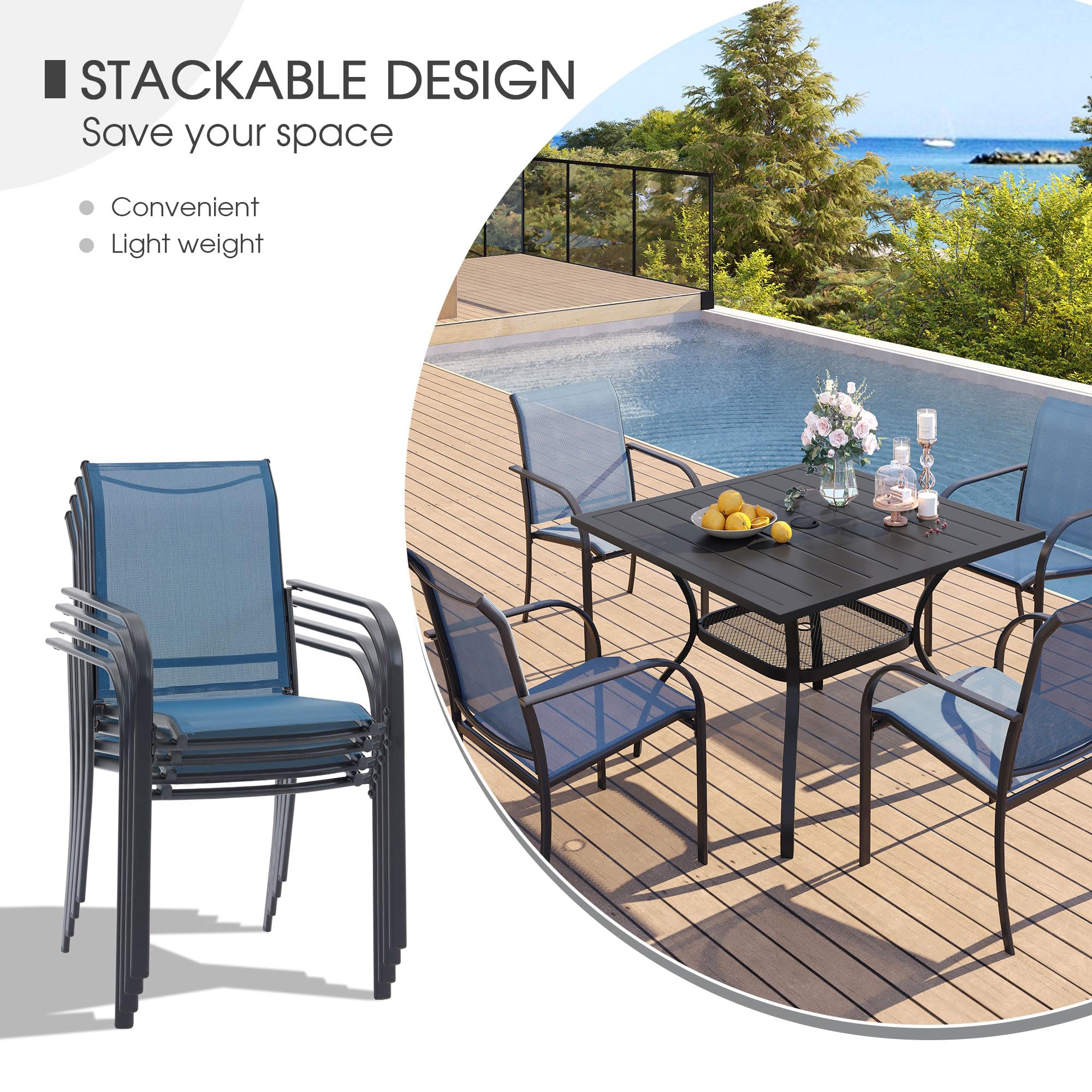 VICLLAX 3-Piece Outdoor Dining Set for 2 - Small Round Bistro Table & 2 Stackable Chairs, Black Table with Blue Chairs - Perfect for Patio, Garden, Balcony or Small Outdoor Spaces