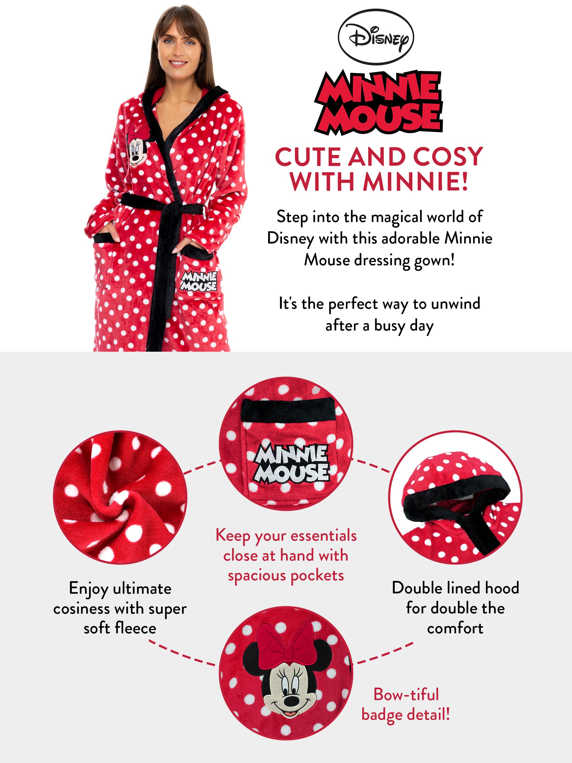 Disney Minnie Mouse Women's Fluffy Bathrobe - Soft & Cozy Plush Robe for Lounge, Spa & Home Relaxation