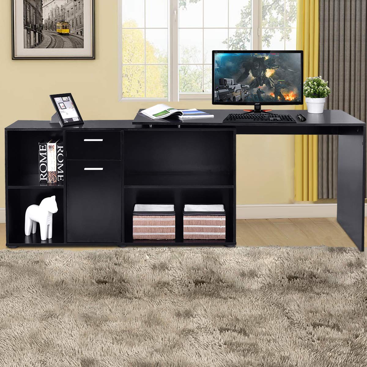 Tangkula Rotating L-Shaped Desk - Large Wooden Computer Desk for Home Office with Storage Shelves | Perfect for Small Spaces, Gaming & Study Setup
