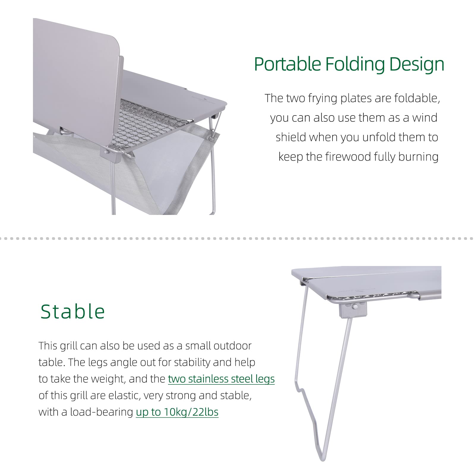 Boundless Voyage Titanium Folding Campfire Grill - Portable 2-in-1 BBQ Charcoal Grill & Camping Table with Collapsible Legs & Frying Plate - Perfect for Outdoor Picnics, Backpacking, and Camping Adventures
