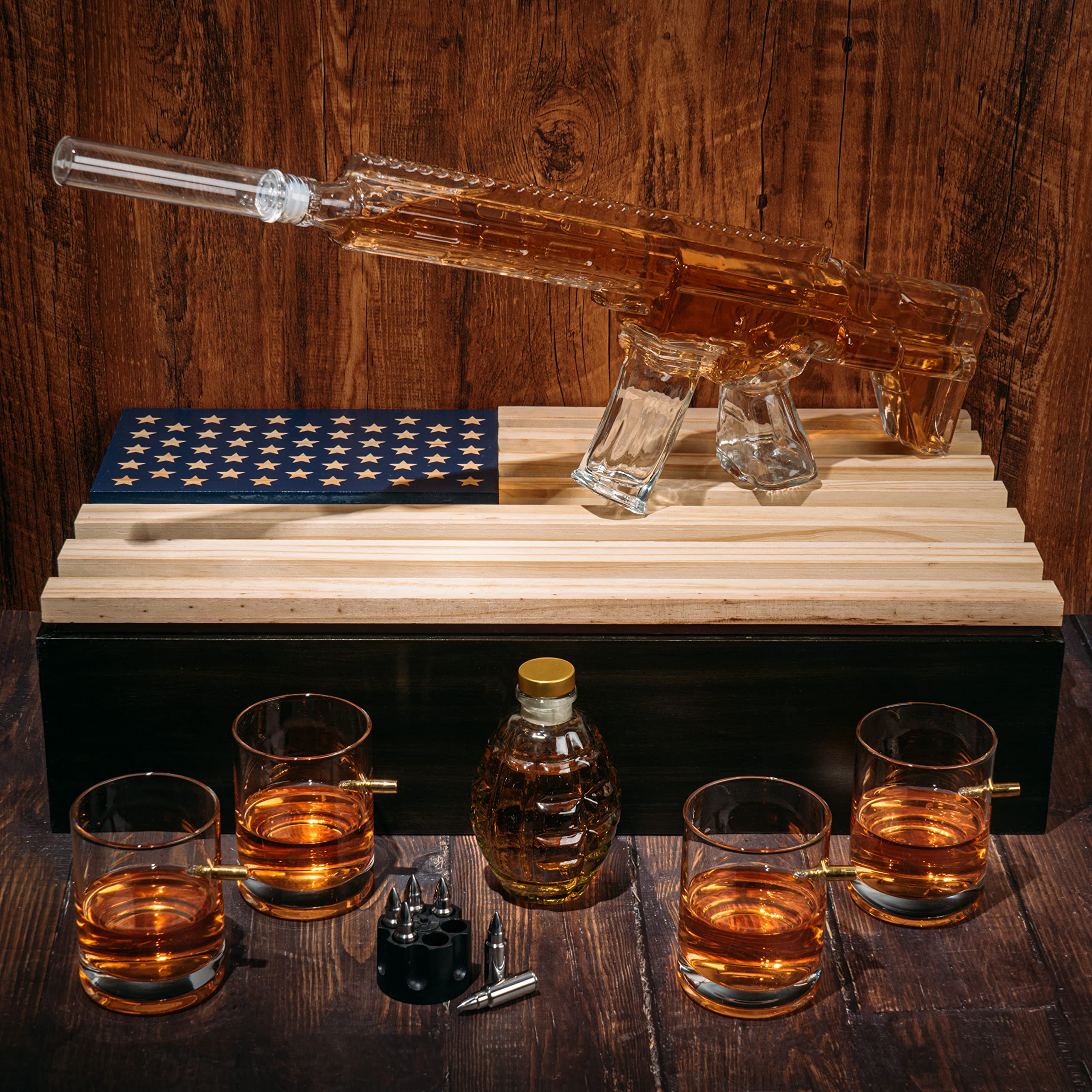 AR15 Whiskey Gun Decanter Set with American Flag Gift Box - 1000ml Capacity Includes Bullet Glasses & Chillers - Perfect Drinking Party Accessories for Army, Marines, Veterans & Gun Lovers - Ideal for Man Cave, Hunting Trips & Patriotic Celebrations