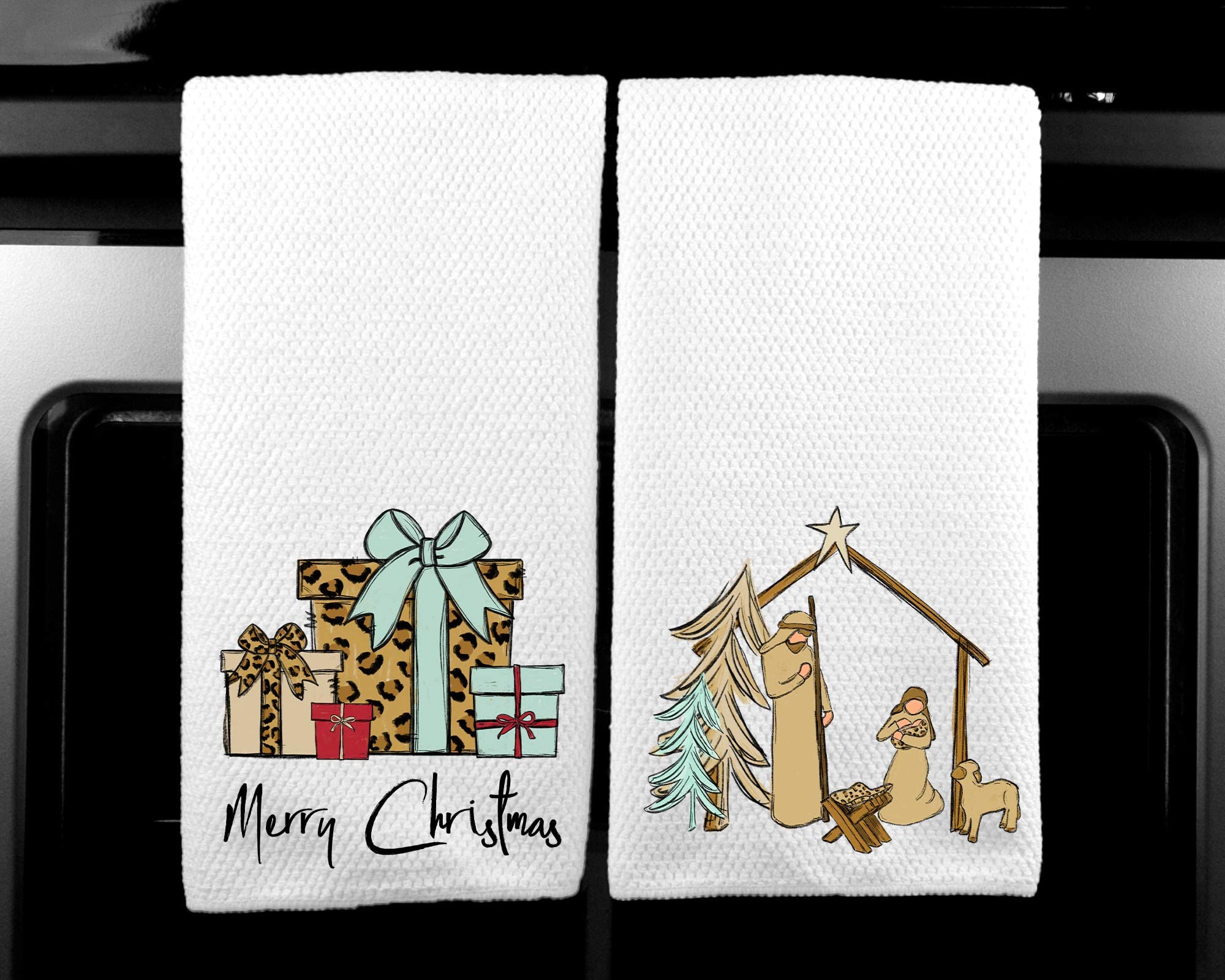 Christmas Kitchen Towel Set of 2 - Leopard Print Holiday Dish Towels with Manger Scene for Festive Home Decor | Perfect for Holiday Cooking, Gift Giving & Seasonal Table Setting