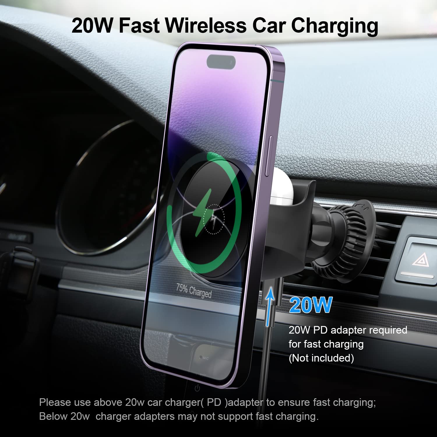 Magnetic Wireless Car Charger Mount for iPhone 14/13/12 Pro/Plus/Max/Mini & AirPods 2nd/3rd Gen - Fast Charging MagSafe Car Phone Holder with Secure Grip for Safe Driving & Hands-Free Use