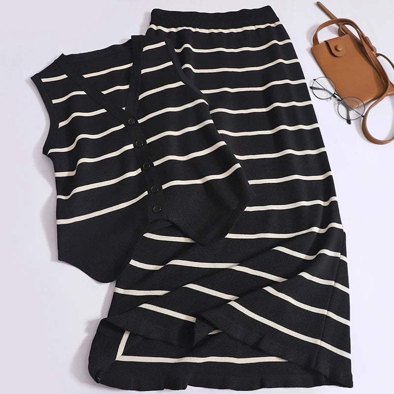 Black Beige Patchwork Stripe Two Piece Set - Women's Summer V Neck Sleeveless Vest Top with Elastic Waist Long Skirt | Casual Outfit for Beach Vacation, Date Night & Summer Parties