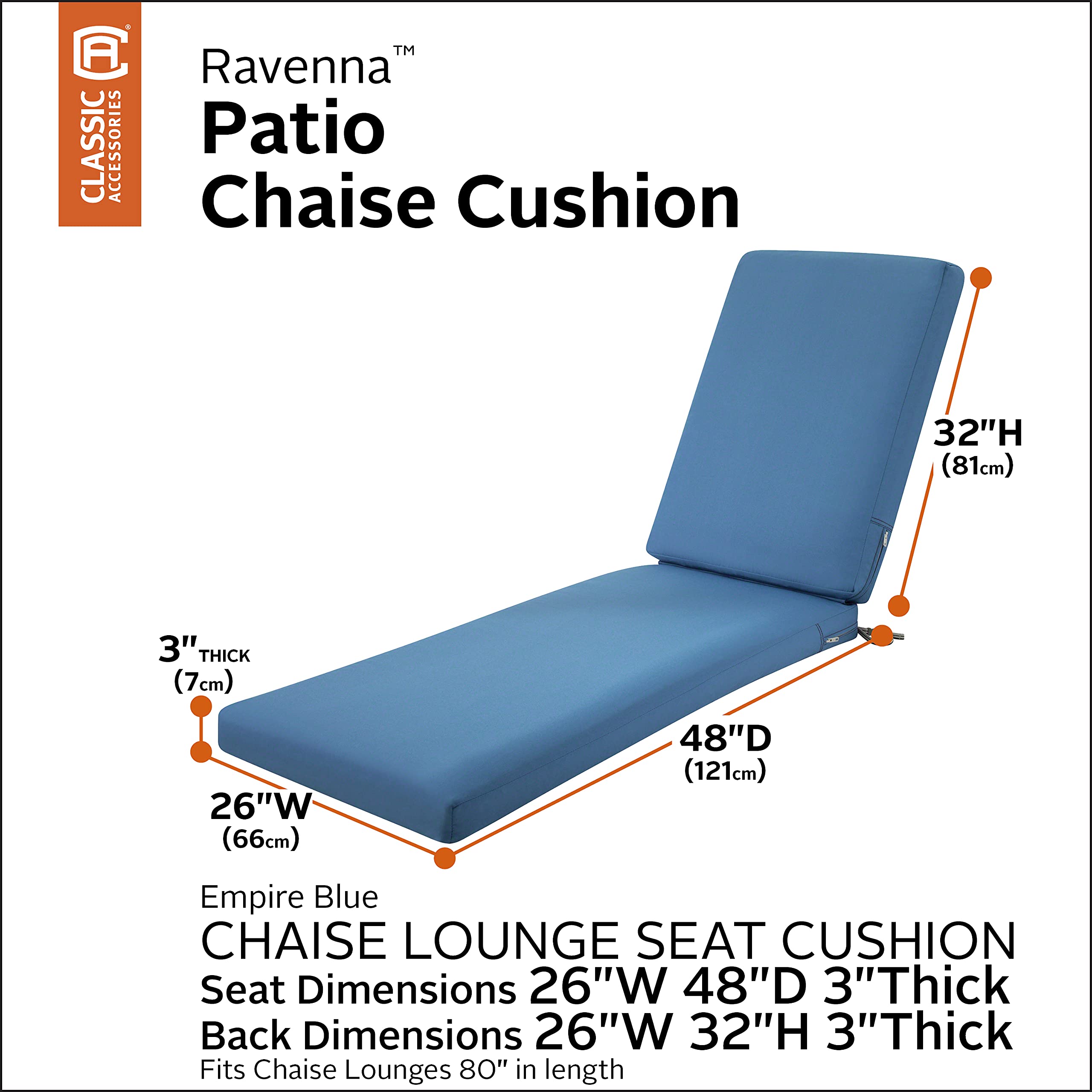 Classic Accessories Ravenna Water-Resistant Outdoor Chaise Lounge Cushion - 80 x 26 x 3 Inches, Empire Blue - Weatherproof Patio Furniture Cushion for Poolside, Deck, and Backyard Relaxation
