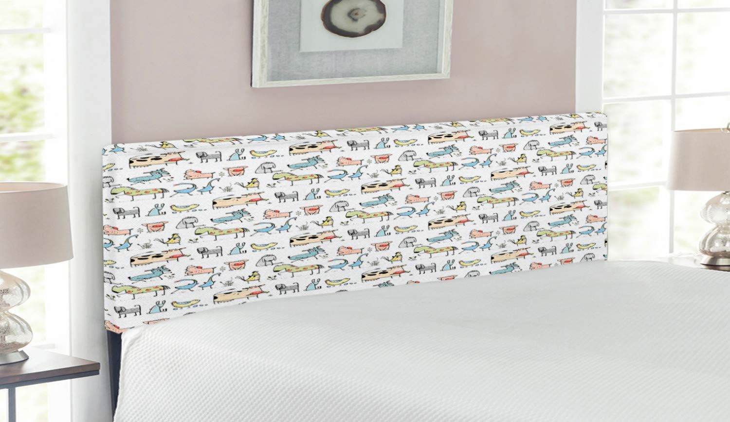 Ambesonne Retro Upholstered Headboard - Cartoon Village of Domestic Animals (Goat, Goose, Sheep) Funny Pattern Decorative Metal Bed Headboard with Memory Foam - Queen Size Yellow Beige - Perfect for Kids' Rooms, Farmhouse & Vintage Style Bedrooms