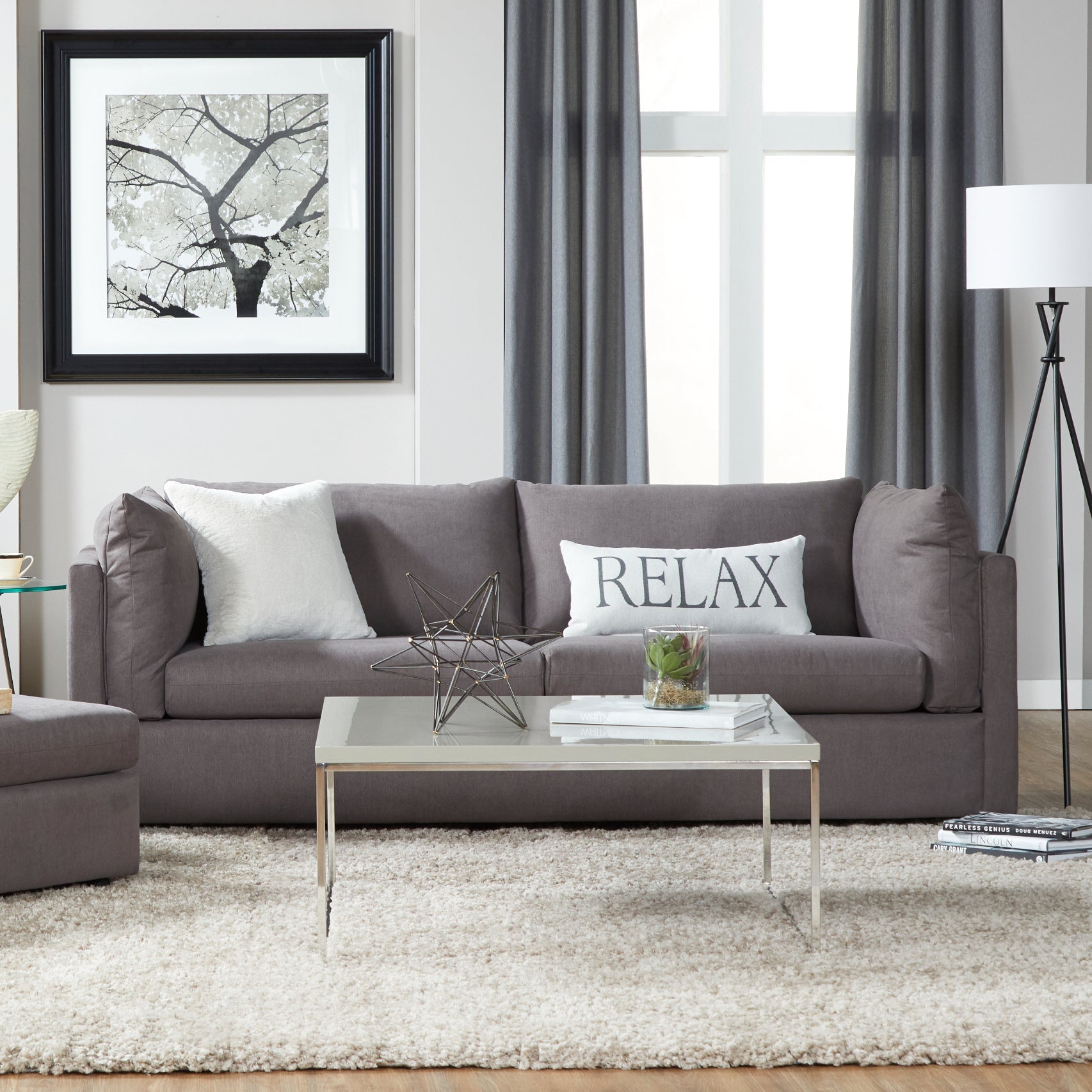 Roundhill Furniture Enda Pillow Back Fabric Sofa and Cuddler Chair Set - Carbon Gray Living Room Collection | Comfortable Sectional for Small Spaces, Family Gatherings & Cozy Movie Nights