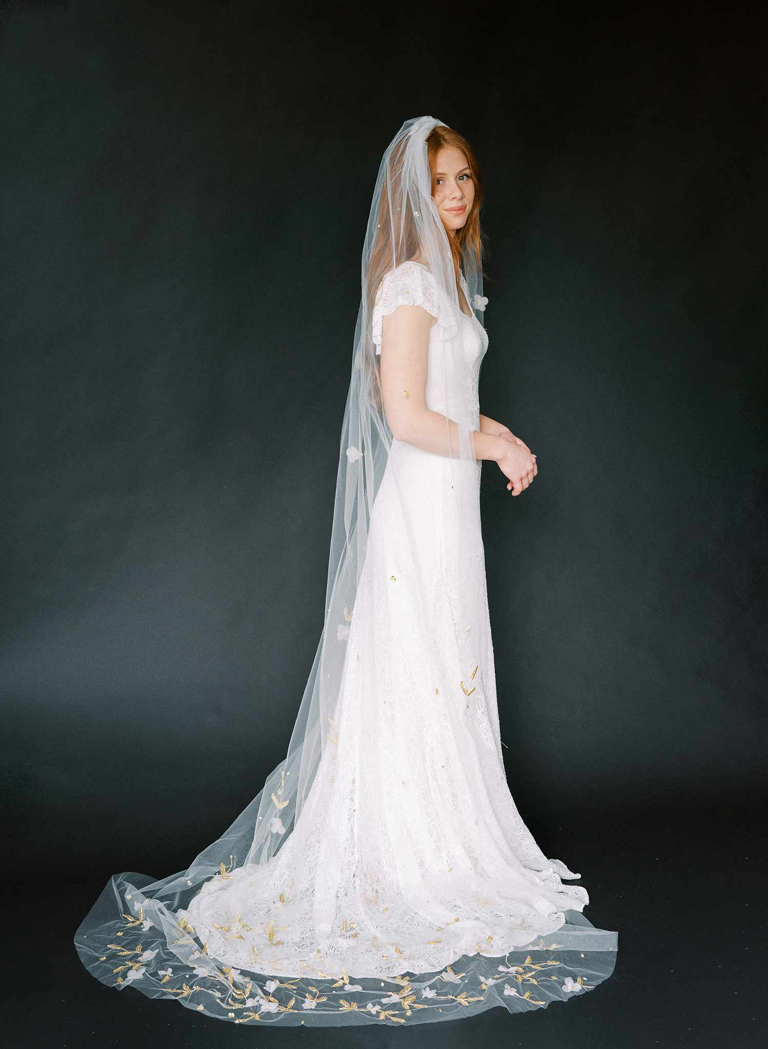 Elegant Floral Embroidered Cathedral Bridal Veil with Long Train - Style #2367 | Perfect for Weddings, Bridal Showers & Formal Events