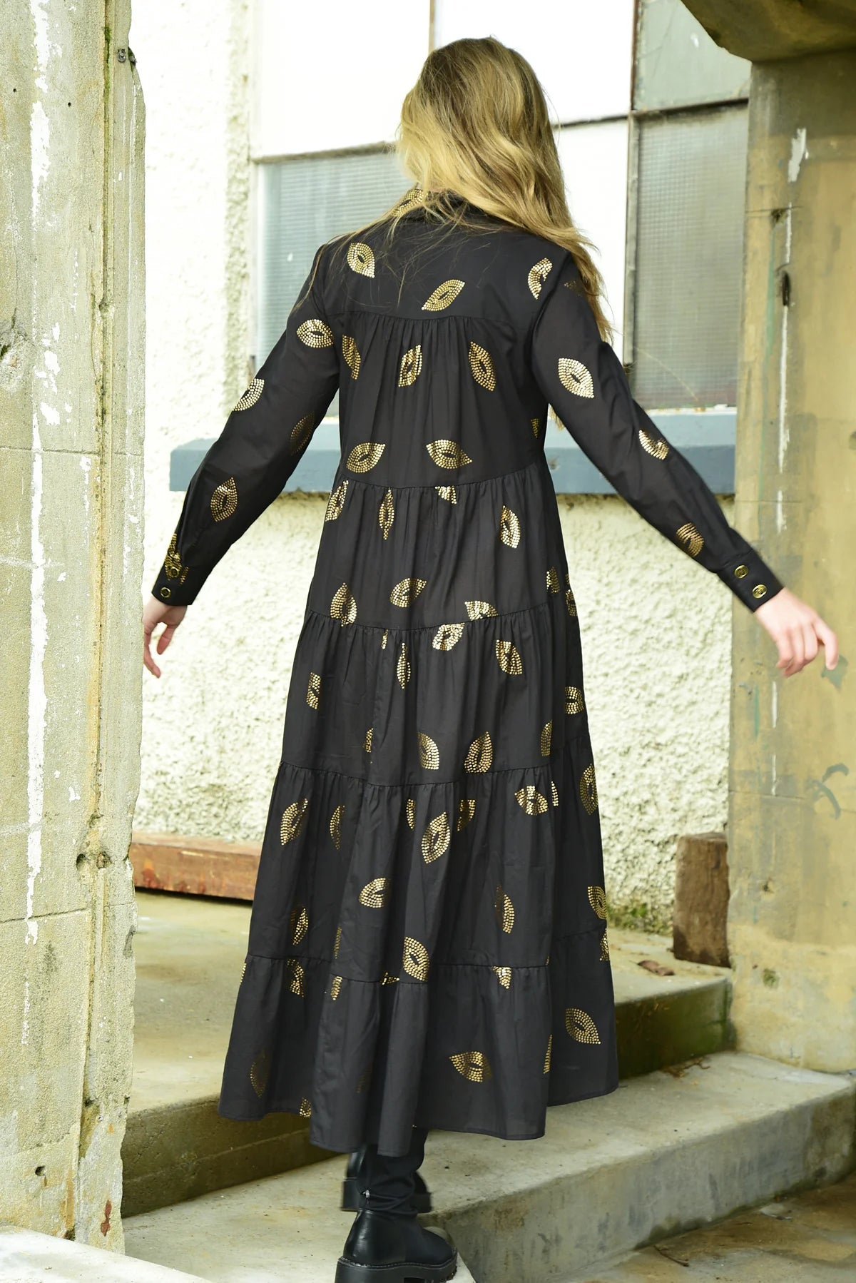 Sun & The Swoon Black Gold Detail Maxi Dress for Women - Elegant Floral Print Long Dress for Summer, Beach, Party & Special Occasions